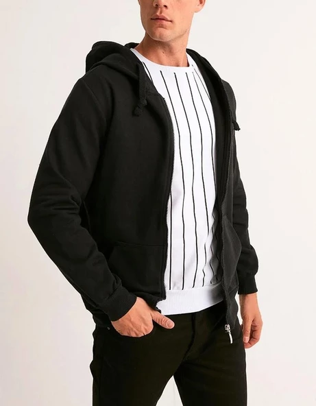 Hipatu 2 İp Şardonlu Fermuarlı Kapşonlu Oversize Sweatshırt Ceket - 2