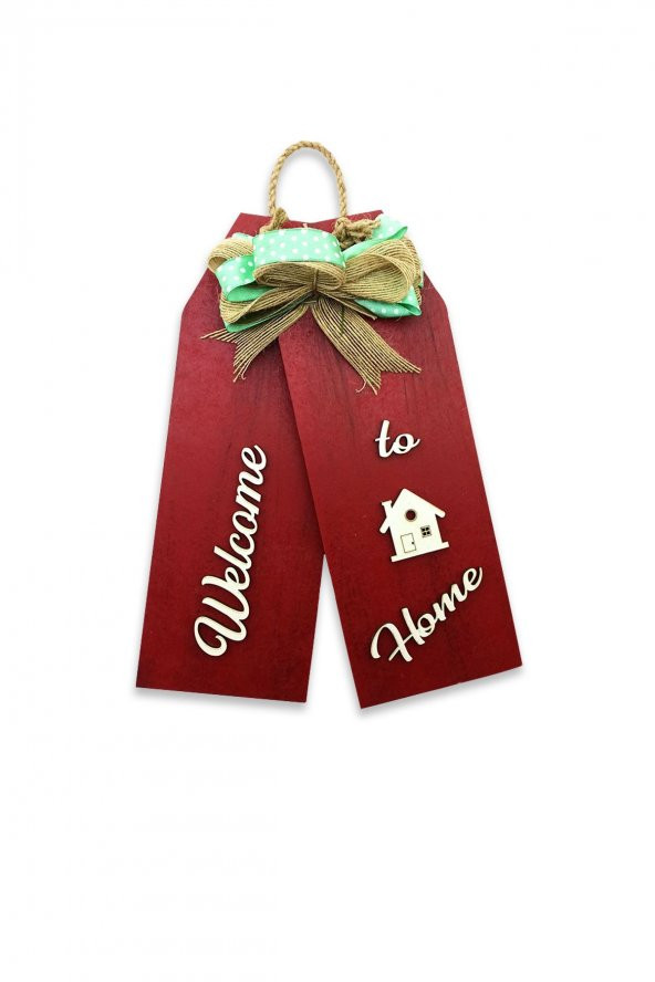 Ahşap Welcome to Home Kapı Süsü Kurdeleli Dekoratif Kırmızı - 2