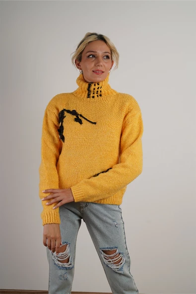 Kadın Boğazlı ve Pul Detaylı Kazak Sarı - Resim 3