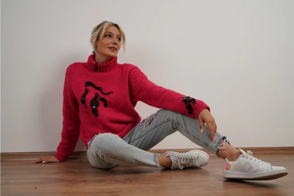 Kadın Boğazlı ve Pul Detaylı Kazak Fuşya - 4