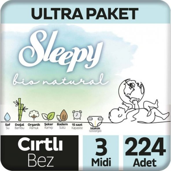 Sleepy Bio Natural U ltra Paket Bebek Bezi 3 Numara Midi 224lü