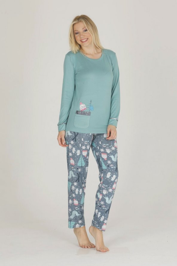 Yeşil Renk Kış Desenli Kış Desenli Teknur 53076 Kadın Termal Pijama Takımı
