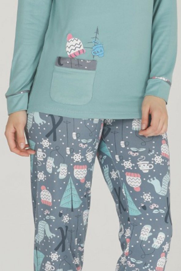 Yeşil Renk Kış Desenli Kış Desenli Teknur 53076 Kadın Termal Pijama Takımı - 3