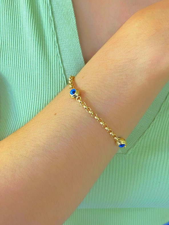 14 Ayar Altın Cam Göz Boncuk Efsane Model Günlük Bileklik - Resim 4