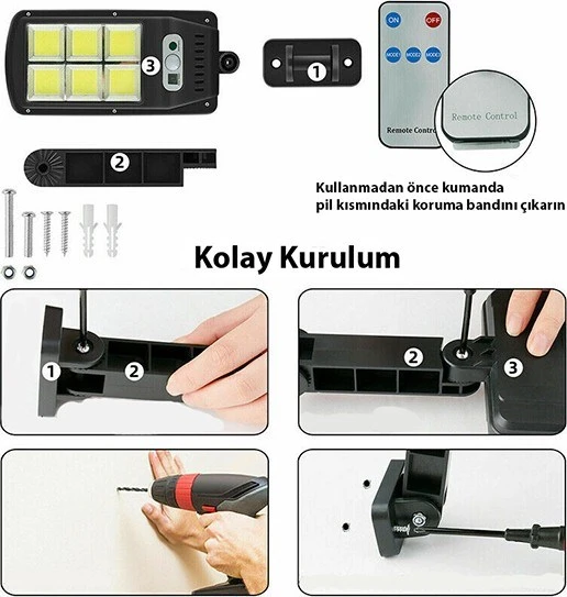 100 Ledli Güneş Enerjili Kumandalı Hareket Sensörlü Solar Dış Mekan Bahçe Lambası - 5