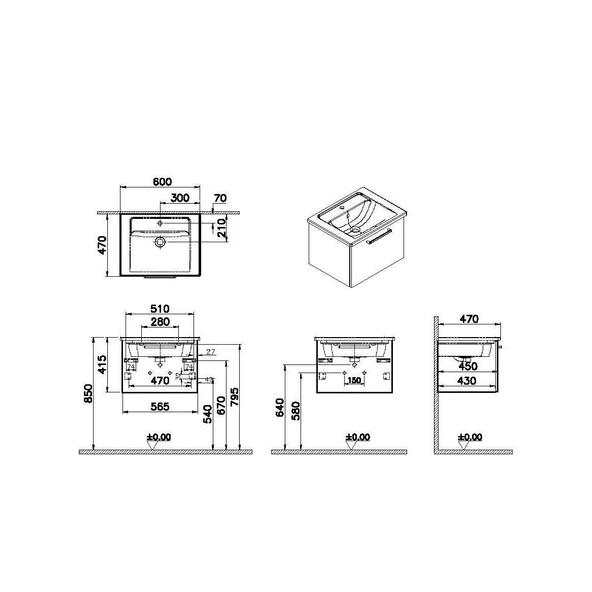 Vitra Root Flat 60 cm Gri Çekmeceli Banyo Dolabı Alt Modül Lavabo - Resim 2