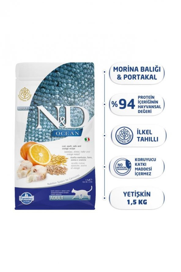 ND N&D Ocean Morina Balıklı ve Portakallı Az Tahıllı Yetişkin Kedi Maması 1,5 Kg