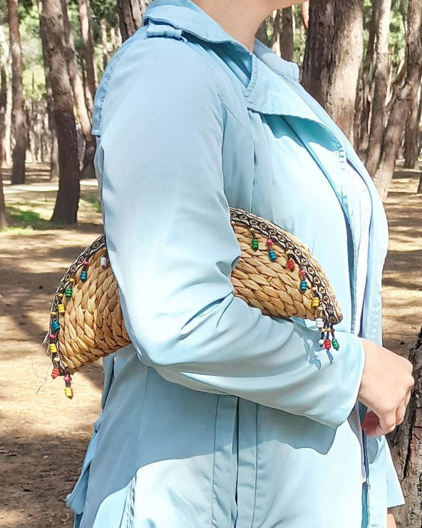 Çeşme Model Hasır  Rattan Çanta Koltuk Altı  Boncuk Detaylı İçi Kumaş - 2