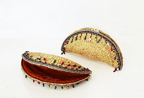 Çeşme Model Hasır  Rattan Çanta Koltuk Altı  Boncuk Detaylı İçi Kumaş - 3