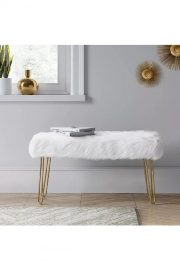 Ünüvar Konsept Puf & Benç 45*100-Ahşap Ayak Dökülmez Peluş Beyaz K1
