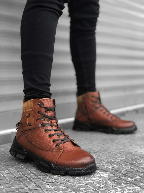 BA0184 İçi Dışı Hakiki Deri Taba Erkek Fermuarlı Yarım Bot - Resim 3