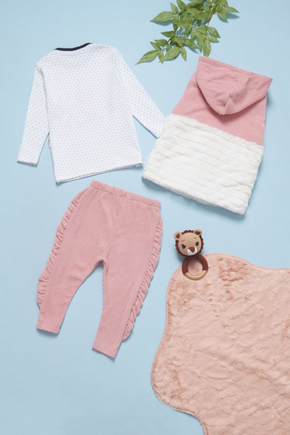 Kız Bebek Ayıcık Nakışlı Peluş Yelekli 3lü Eşofman Takımı 14579 - 6