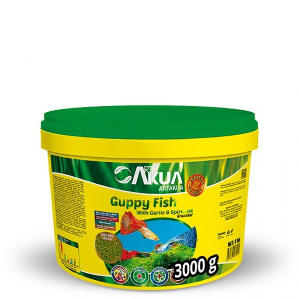 Artakua Guppy Fish Granulat Balık Yemi 500-800 Mikron 3 KG - KOVA