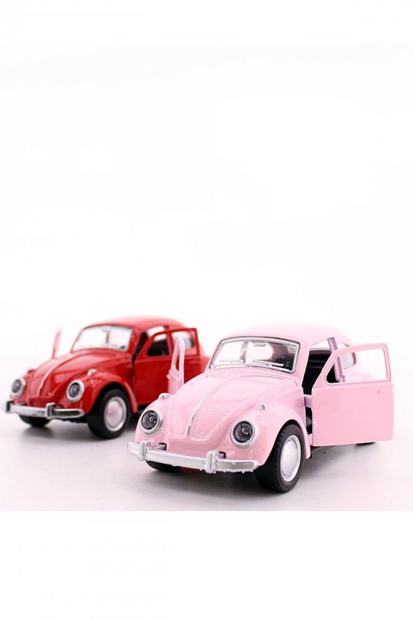 2 Adet Çek-Bırak Metal Vosvos Araba Dıe Cast Büyük Boy 12cm Pembe-Kırmızı - 3