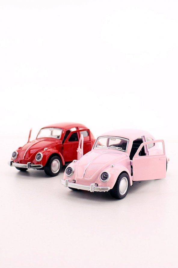 2 Adet Çek-Bırak Metal Vosvos Araba Dıe Cast Büyük Boy 12cm Pembe-Kırmızı
