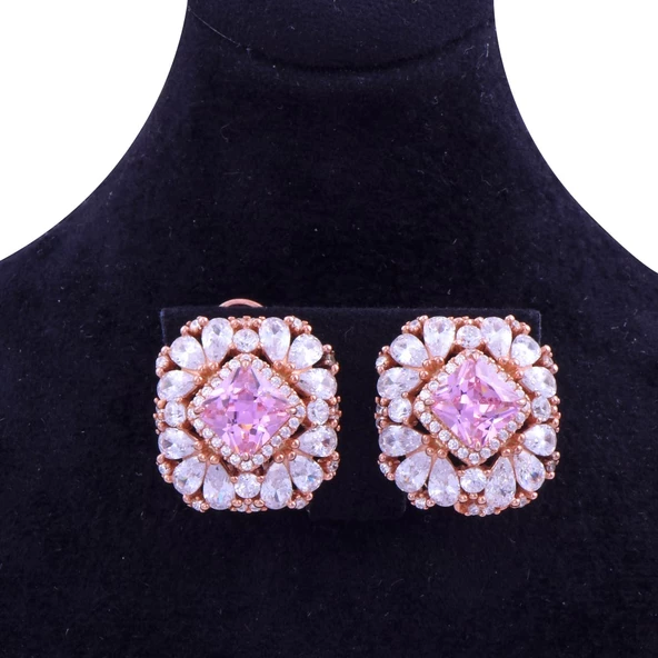 Pembe Taşlı Rose Gold Gümüş Küpe - Resim 2