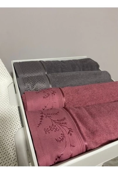 Özdilek 4 Parça Best Hamam Seti, Banyo Havlu Takımı-Ditsy Mürdüm Antrasit - 2