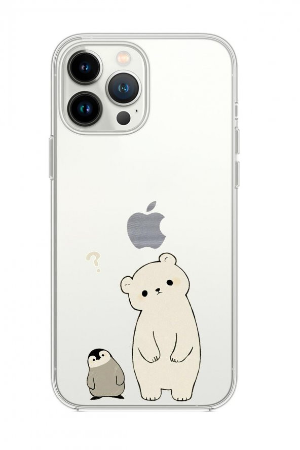 iPhone 14 Pro Uyumlu Penguen ve Ayıcık Desenli Şeffaf Silikonlu Telefon Kılıfı