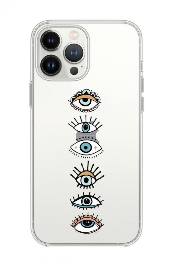 iPhone 14 Pro Max Uyumlu Renkli Gözler Desenli Şeffaf Silikonlu Telefon Kılıfı