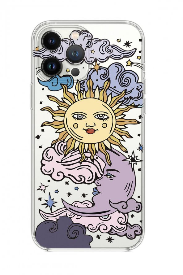 iPhone 14 Pro Max Uyumlu Güneş Ay Desenli Şeffaf Silikonlu Telefon Kılıfı