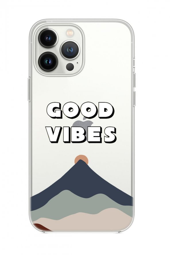 iPhone 14 Pro Uyumlu Good Vibes Desenli Şeffaf Silikonlu Telefon Kılıfı