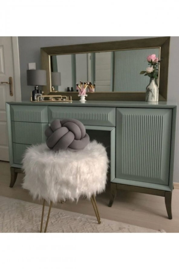Zeta Home Puf & Benç Yuvarlak-Gold Ayak Dökülmez Peluş Beyaz