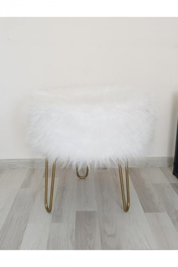 Zeta Home Puf & Benç Yuvarlak-Gold Ayak Dökülmez Peluş Beyaz - 2
