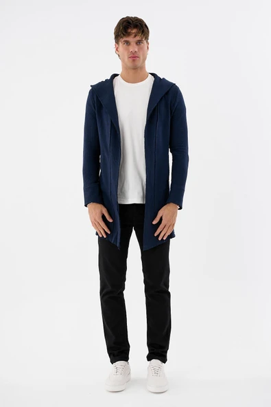 Erkek Uzun Kapüşonlu Salaş Örme Kumaş Hırka Cepli Rahat Model - 4