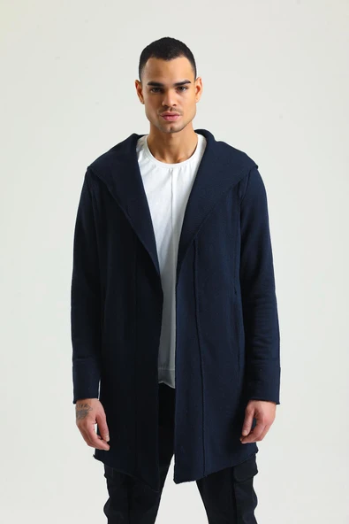 Cekmon Erkek Uzun Kapüşonlu Salaş Örme Hırka – Cepli Rahat Model, Dokulu Recycle Kumaş ürün görseli 1