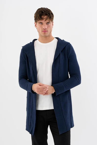 Erkek Uzun Kapüşonlu Salaş Örme Kumaş Hırka Cepli Rahat Model - 6