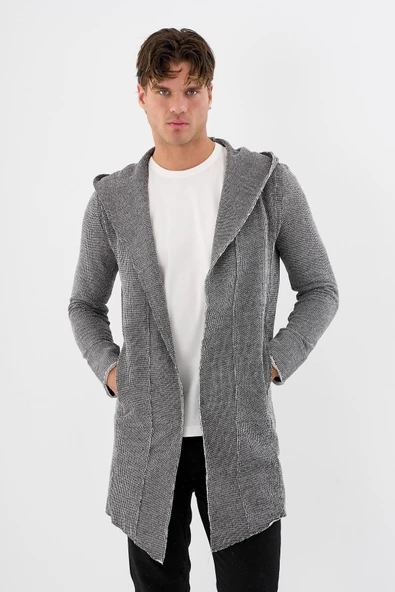 Erkek Uzun Kapüşonlu Salaş Örme Kumaş Hırka Cepli Rahat Model - 10