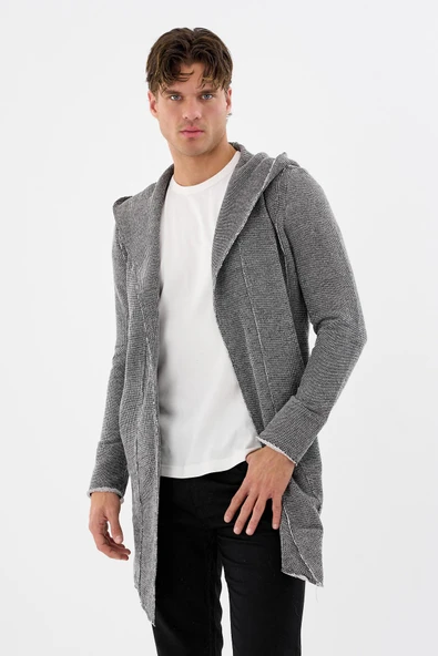 Erkek Uzun Kapüşonlu Salaş Örme Kumaş Hırka Cepli Rahat Model - 11