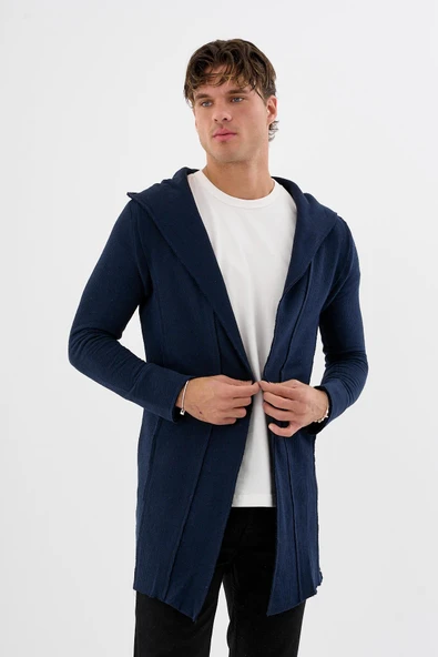 Erkek Uzun Kapüşonlu Salaş Örme Kumaş Hırka Cepli Rahat Model - 7