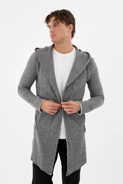 Erkek Uzun Kapüşonlu Salaş Örme Kumaş Hırka Cepli Rahat Model - 12