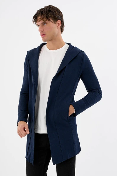 Erkek Uzun Kapüşonlu Salaş Örme Kumaş Hırka Cepli Rahat Model - 2