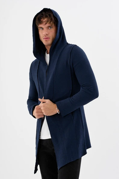 Erkek Uzun Kapüşonlu Salaş Örme Kumaş Hırka Cepli Rahat Model - 8