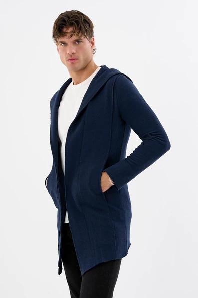 Erkek Uzun Kapüşonlu Salaş Örme Kumaş Hırka Cepli Rahat Model - 5