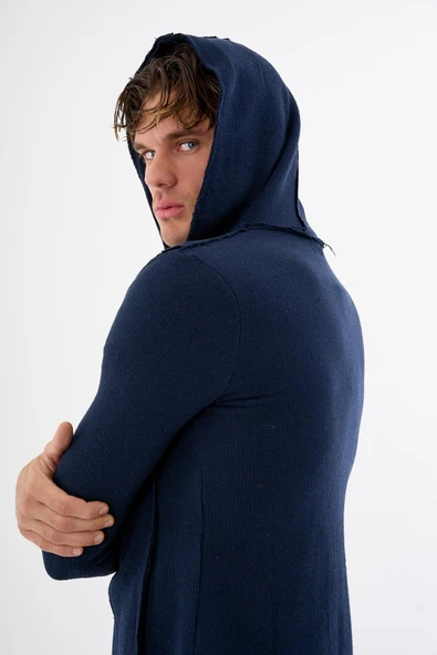 Erkek Uzun Kapüşonlu Salaş Örme Kumaş Hırka Cepli Rahat Model - 9