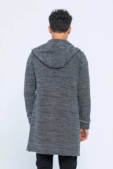 Erkek Kapüşonlu Cepli Çıt Çıtlı Triko Uzun Salaş Spor Hırka - 11