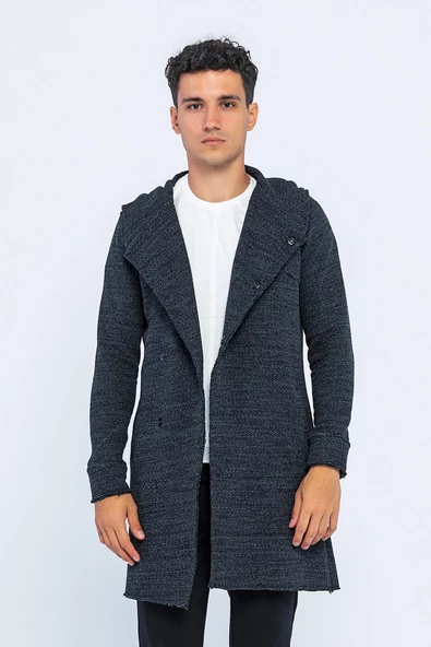 Erkek Kapüşonlu Cepli Çıt Çıtlı Triko Uzun Salaş Spor Hırka - 10