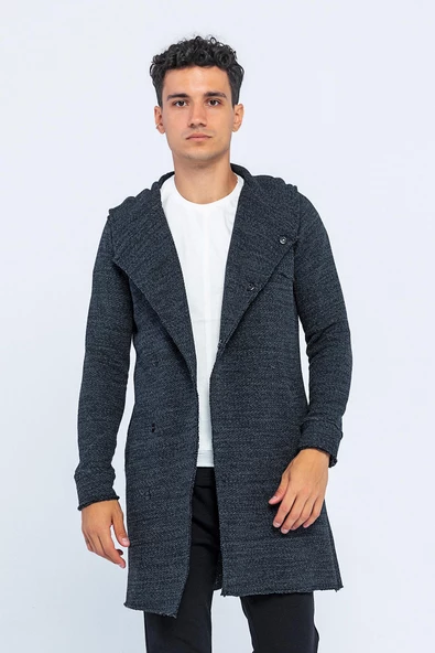 Erkek Kapüşonlu Cepli Çıt Çıtlı Triko Uzun Salaş Spor Hırka - 2