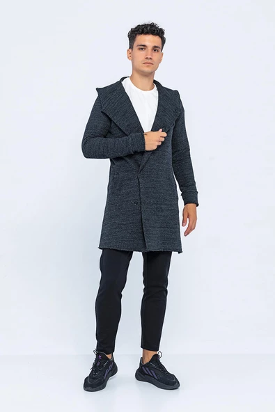 Erkek Kapüşonlu Cepli Çıt Çıtlı Triko Uzun Salaş Spor Hırka - 9