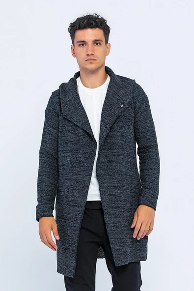 Erkek Kapüşonlu Cepli Çıt Çıtlı Triko Uzun Salaş Spor Hırka - 4