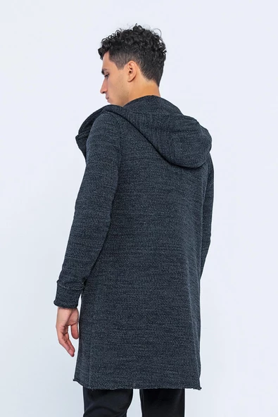 Erkek Kapüşonlu Cepli Çıt Çıtlı Triko Uzun Salaş Spor Hırka - 8