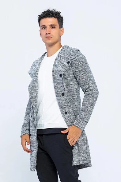 Erkek Kapüşonlu Cepli Çıt Çıtlı Triko Uzun Salaş Spor Hırka - 5