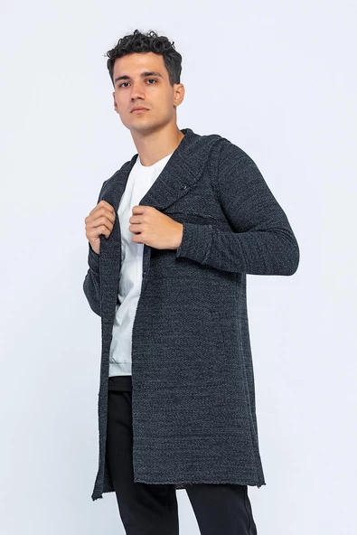 Erkek Kapüşonlu Cepli Çıt Çıtlı Triko Uzun Salaş Spor Hırka - 6