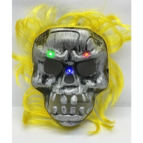 himarry Sarı Saçlı Led Işıklı Kuru Kafa İskelet Korku Maskesi 22x25 cm