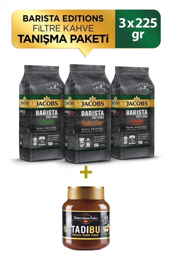 Jacobs Barista Editions Filtre Kahve Tanışma Paketi 225 gr x 3 Adet ve Tadıbu Kakaolu Fındık Ezmesi 330 gr 1 Adet