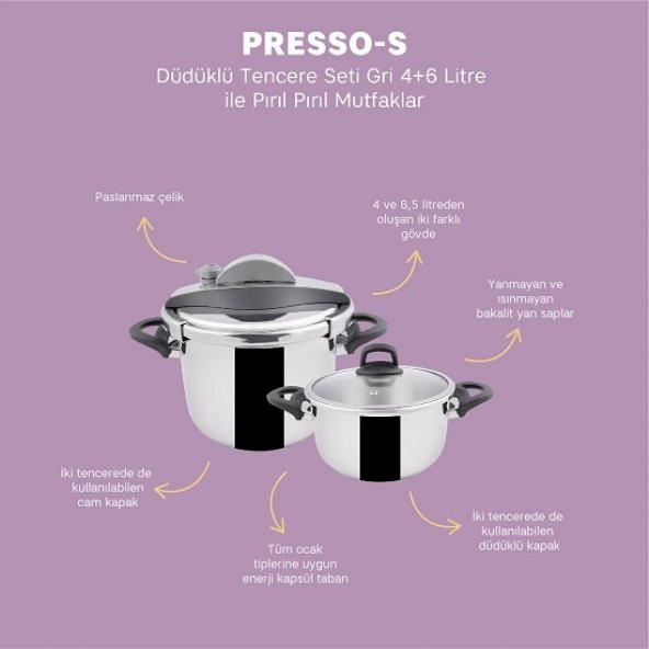 Emsan EMS 600/1401 Düdüklü Tencere Seti Presso Griİ 4+6 LT. - 5