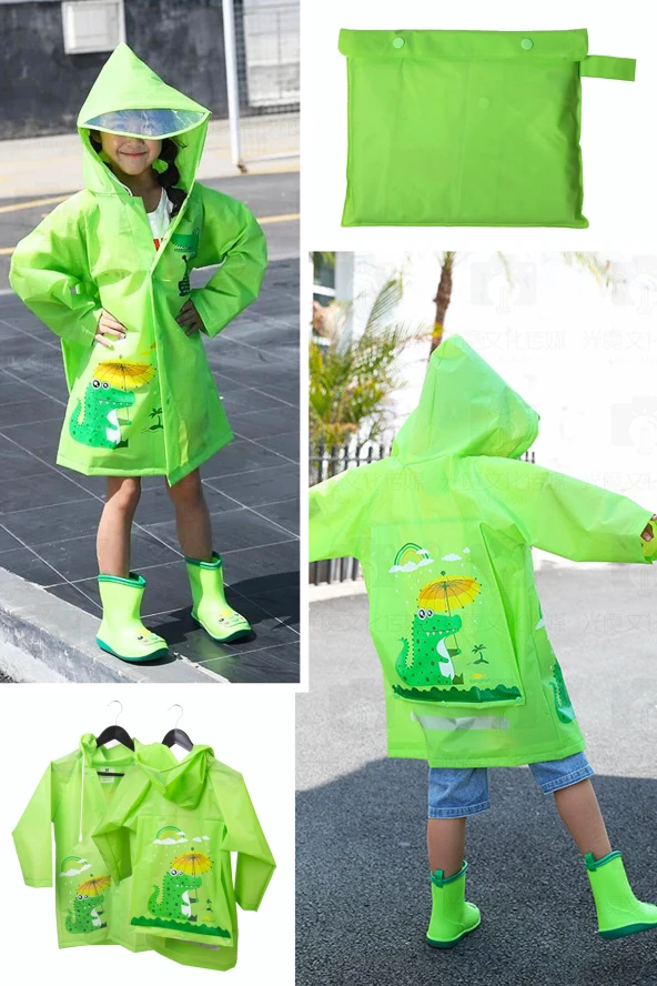 Hayvan Figürlü Kapüşonlu Çocuk Yağmurluk Çantalı Yeşil XL